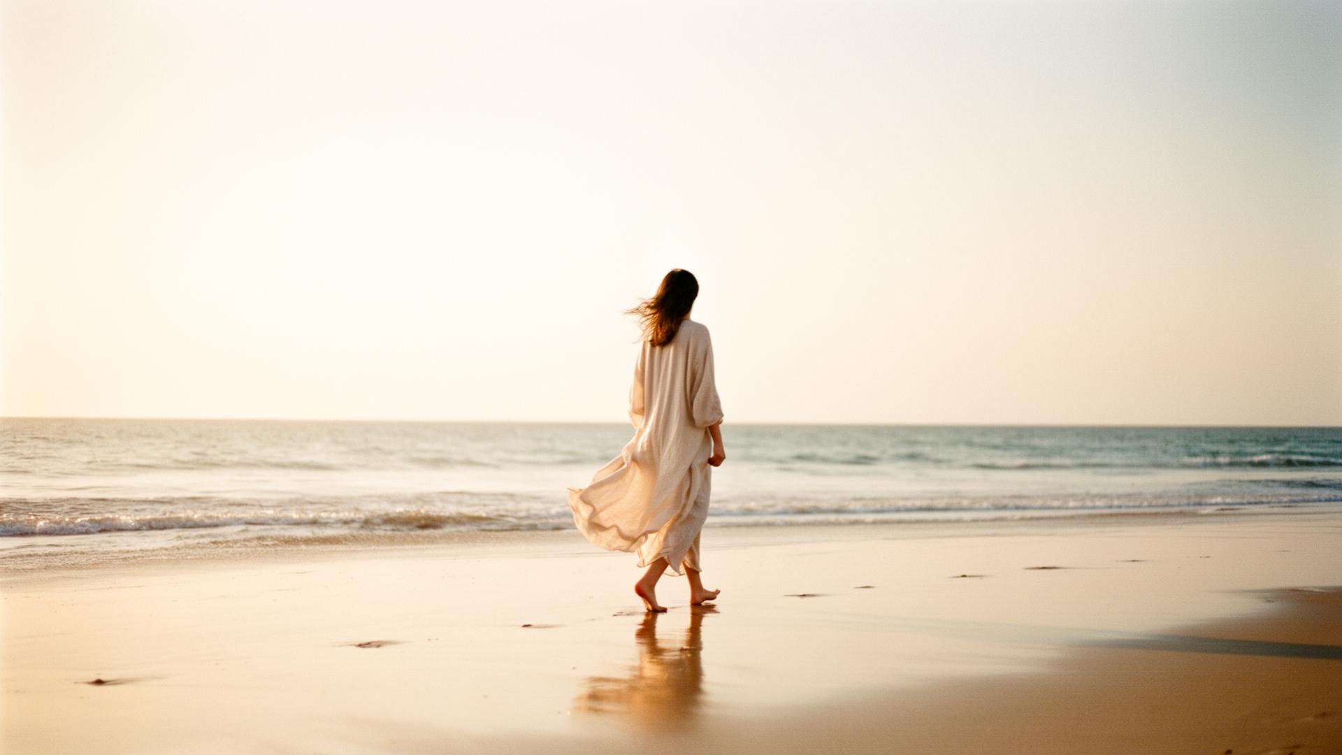A figure walking along the shoreline in soft natural light